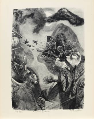 Black-and-white print with night scene of including beasts, owl, birds, and babies hatching from egg