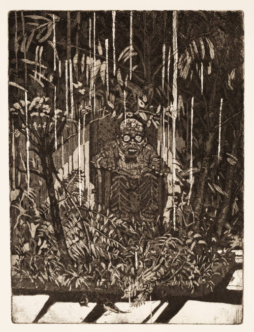 Small person with glasses seated on throne-like chair amid thick vegetation 