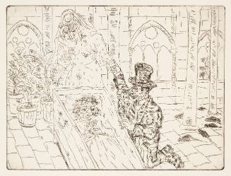 Man in tophat kneeling in front of open coffin holding hand of ghost-like figure with veil 