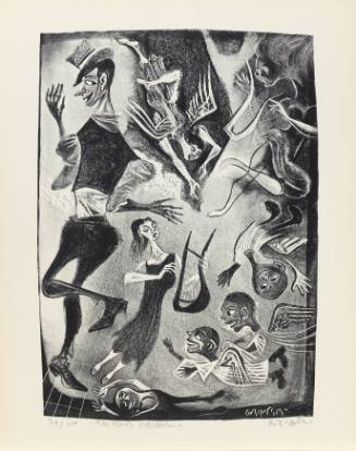Print with eight figures floating in space, including angels, women playing harps, and dancer