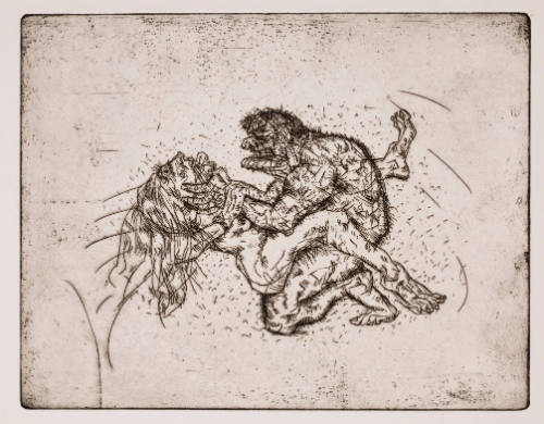 Cartoon-like nude hairy man kneeling strangling nude woman underneath him