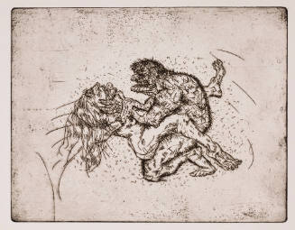 Cartoon-like nude hairy man kneeling strangling nude woman underneath him