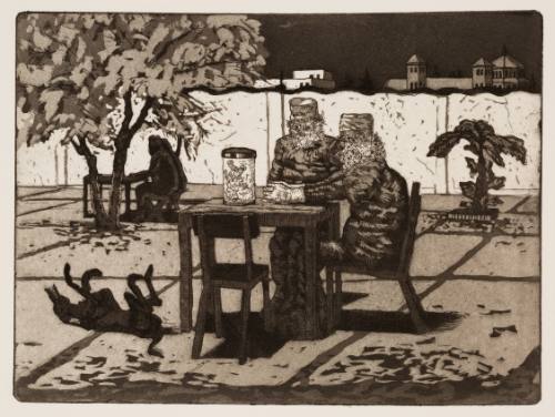 Outdoor scene with two men with square hats sitting at table looking at something in a glass jar