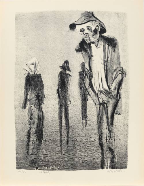 Black-and-white print with four, thin sketchy figures, one in front with sunken face and visible rib