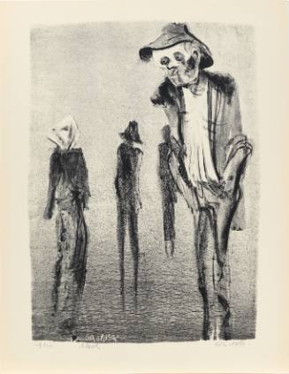 Black-and-white print with four, thin sketchy figures, one in front with sunken face and visible rib