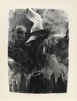 Black-and-white print of shirtless man with raised arms and angry face and city skyline in distance