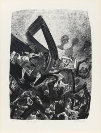 Black-and-white print with many distraught figures swept up in a mass of black brushstrokes