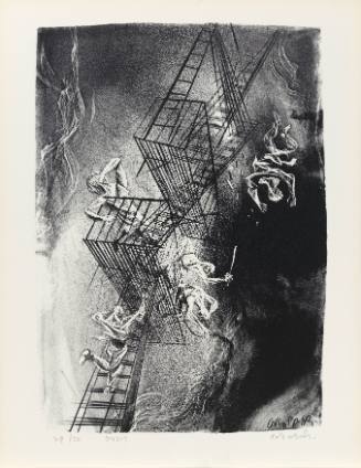 Black-and-white print of fire escape with five sketchy figures violently falling in space
