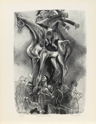 Print of three blinded figures in military gear sitting on a horse with downtrodden figures below