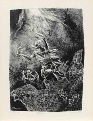 Print of figures escaping toward the light from a net with two hands reaching out on lower right