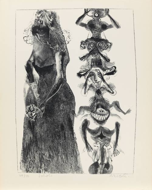 Bride with flowers and veil on left with small caricatured figures stacked atop one another on right