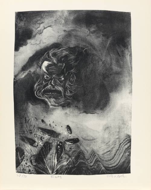 Print with the face of an angry bearded man in the cloud surrounded by a storm with debris below