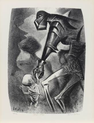Print of humanoid, robotic figure leaning down to hold hand of a baby; menacing face in background
