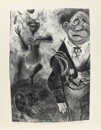 Print with fantastic scene of person juggling and tumbler in background and sad clown in the front