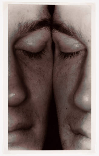 Two identical faces pressed together cheek-to-cheek with eyes closed, features mirroring one another