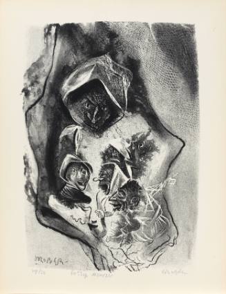 Black-and-white print with hooded figure with menacing face holding smaller figures with grotesque f