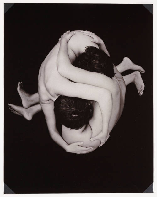 Two nude people posed in an interlocking fetal positions with faces buried into one another’s torsos