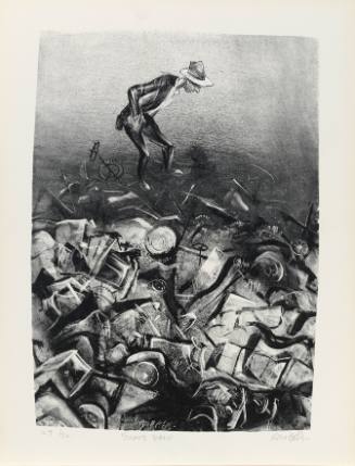 Black-and-white print of man in suit wearing hat and walking on large pile of garbage