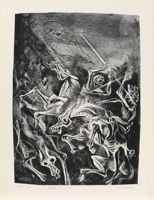Black-and-white print of skeletons, along with their skeleton horses, battling one other with spears