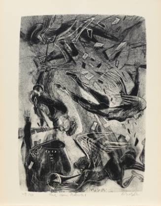 Print of figures blowing horns swooping down from above toward a dark figure in bottom left corner