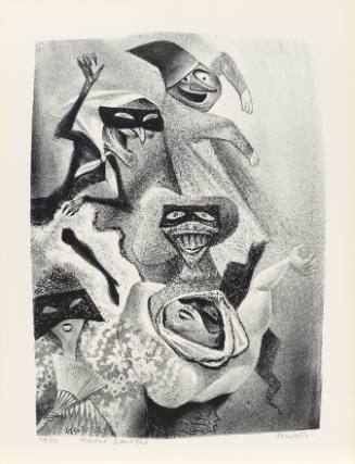 Caricature-like print of five masked, smiling figures floating in space and waving their arms