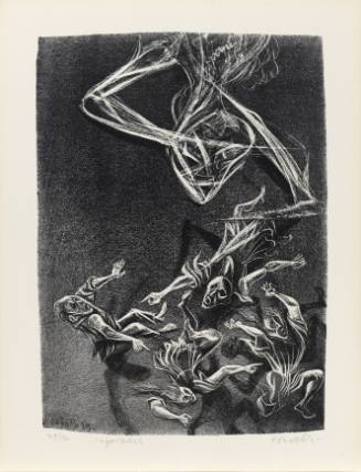 Print of spirit-like figure swooping down toward four figures pointing with mouths agape