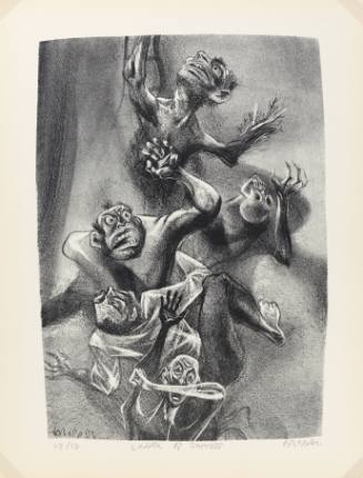 Print of with five animalistic figures clawing over each other while climbing a shadowy ladder
