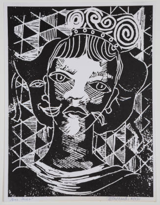 Woodcut print with portrait of a person overlapped by the comedy and drama masks to left and right