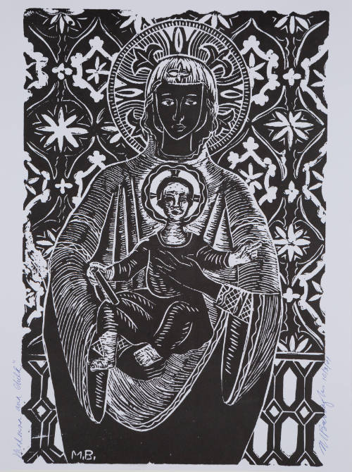 Woodcut print of haloed Madonna figure holding haloed Christ child in front of patterned background