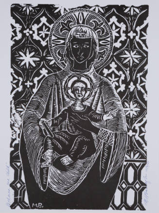 Woodcut print of haloed Madonna figure holding haloed Christ child in front of patterned background