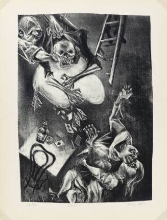Ghastly and distraught figures, and one skeleton, surround a table with playing cards and alcohol