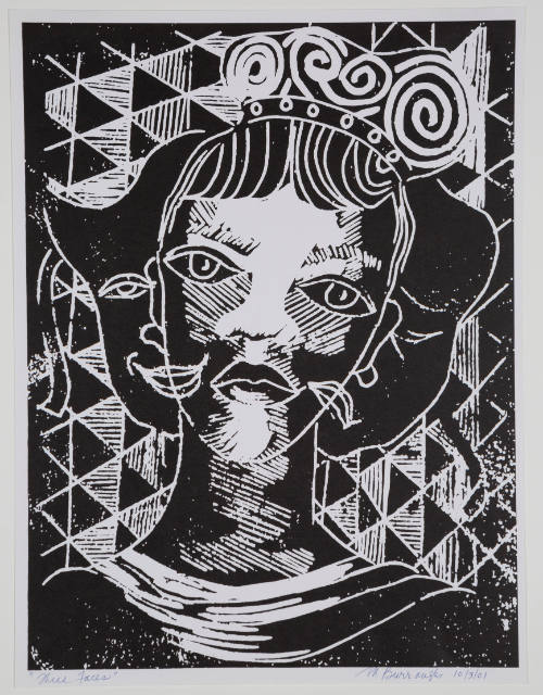 Woodcut print with portrait of a person overlapped by the comedy and drama masks to left and right