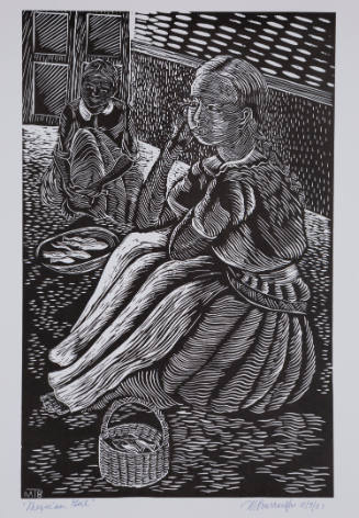 Woodcut print of two girls in dresses seated on street with baskets of fish at their feet