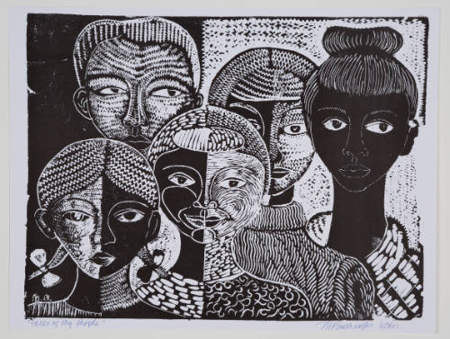 Black-and-white woodcut print with five front-facing young figures