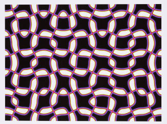Abstract print of repeating pink, purple, and white forms against a black background