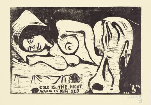 Black-and-white woodcut of nude figure lying in bed, half covered by a blanket with breasts exposed