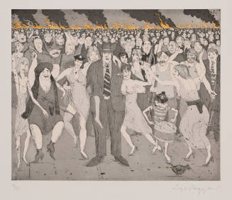 Large crowd with caricatured people in different outfits; cat in foreground and flames in distance