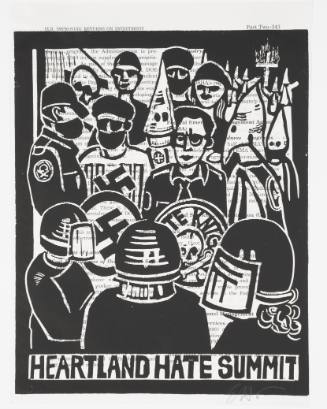 Linoleum cut of Neo-Nazis and KKK members facing riot police overlaying a financial article