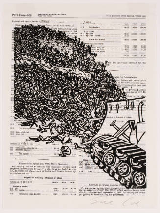 Linocut of a bulldozer pushing a large mound of human corpses overlaying a page from a fiscal budget