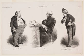 Three caricature vignettes: in the middle is a man at desk and is flanked by two standing men