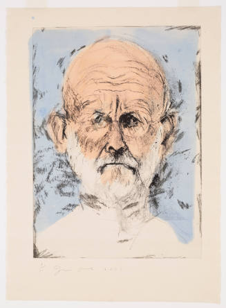 Sketchy front-facing portrait of bald, light-skinned, older man with beard with blue background