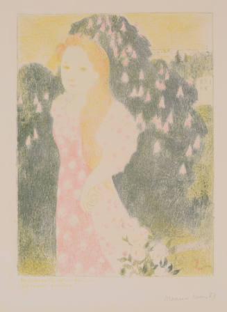 Faint, pastel-colored image of young girl with long hair standing in front of a flowered bush