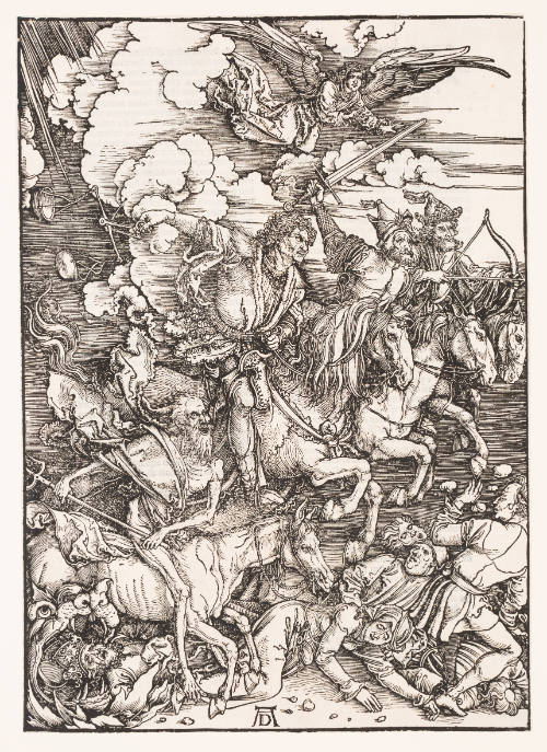 Four figures on horses hold various weapons and trample a crowd while an angel flies above them