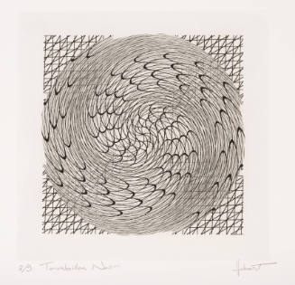 Abstract composition of swirling, circular shape within square of gridded and diagonal lines