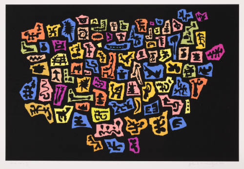 Jumble of multicolored irregular shapes, each containing a pictographic symbol, with black backgroun