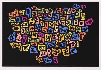 Jumble of multicolored irregular shapes, each containing a pictographic symbol, with black backgroun