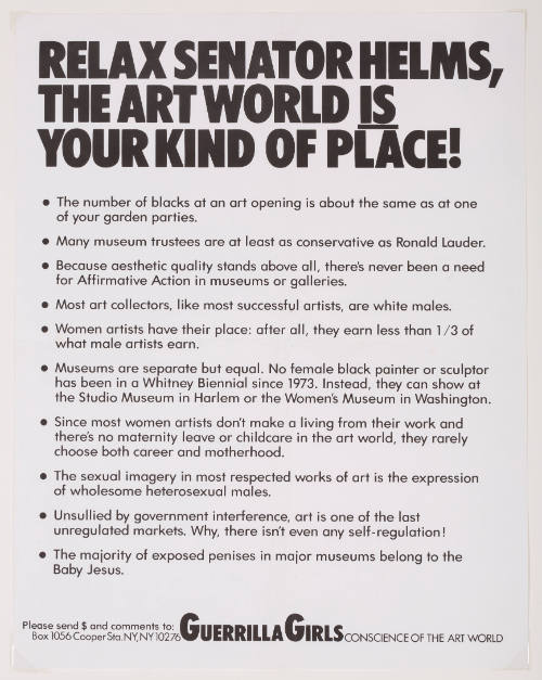 In black type, "RELAX SENATOR HELMS, THE ART WORLD IS YOUR KIND OF PLACE!" followed by bullet points