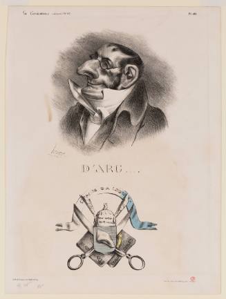 Above: caricature portrait of man with large nose, chin, and glasses; below: emblem with nose