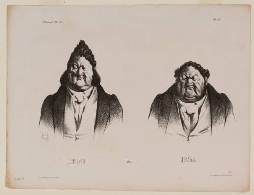 Two caricatured portraits of the same suited man with stocky build but taller hair on left