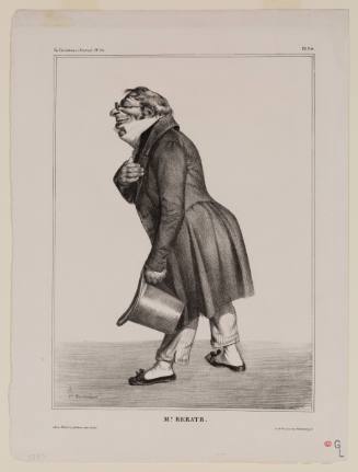Caricature of standing, smiling man wearing glasses, in waistcoat, leaning forward